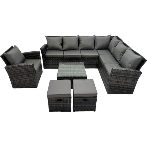 Fimous 9 places Dos haut Ensemble de meubles de jardin en rotin  Canapé d'angle avec Table basse carrée  Tabourets avec Fauteuil (1/5)