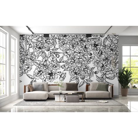 Papier peint nature - bouquet de fleurs en noir et blanc - 150 x 250 cm (1/2)