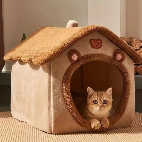 Katzenhaus mit Bärenohren, Hundezwinger für drinnen, Katzen- und Welpenhütte, Katzenhaus mit Dach, Größe S, Braunbär