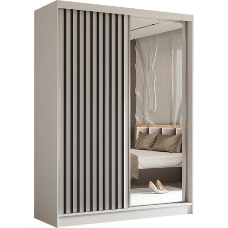 AX LIVING Cabinio Weiß Schrank mit Spiegel 160 cm Schwarze Lamellen