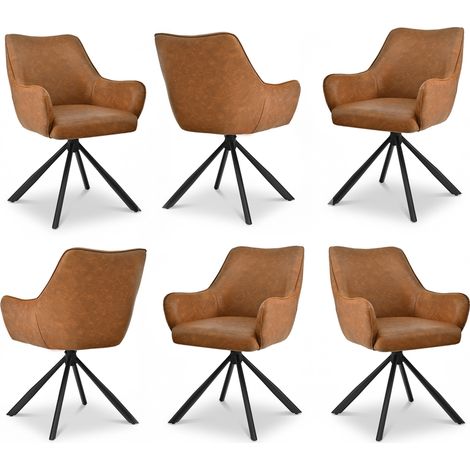 Bon Furni Fauteuils de Salle à Manger Pivotants en similicuir marron, Pieds Métal Noir, Lot de 6