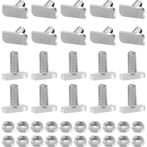 20pcs Hammer Head Screws M8x20 Stainless Steel A2-70 T Bolts with Locking Nuts for Photovoltaic Mounting Rails Solar Panel Brackets (1/5)