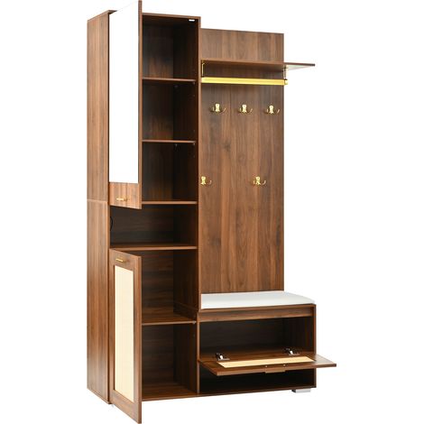 Garderobenset mit 3 Türen, Spiegel, Sitzbank und 16-Farben-LED, Modern, aus MDF/Spanplatte, Nussbaum/Weiß, 110×38×190 cm (1/5)