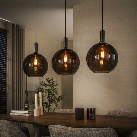 Hängelampe 3-flammiges Glas, schwarzes Metall, Valeo, 115 cm