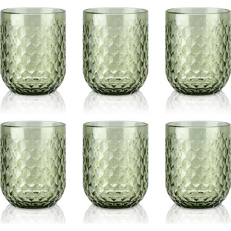 Set of 6 Small 200ml Green Drinking Glasses, Colorful Water Glasses Set with Diamond Embossed Pattern, Vintage Glasses for Home Restaurant Bar, Dishwasher Safe (1/5)