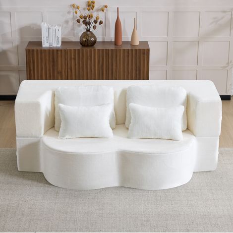 Canapé de sol blanc moderne, modulable, 4 coussins, mousse haute densité, REDOM (1/5)