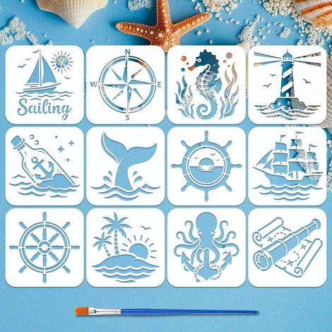 12 Pcs Pochoirs de Motifs Océan et Navigation avec Pinceau 15x15cm Pochoirs de Navigation Pochoir Boussole Ancre Pochoir de Thème Nautique pour Peinture sur Bois Mur Meuble (1/5)
