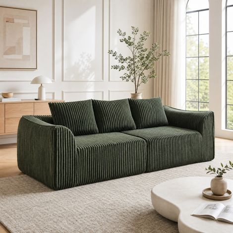Canapé modulable en velours côtelé vert, lignes arrondies, dossier bas et 6 coussins, OKWISH (1/5)
