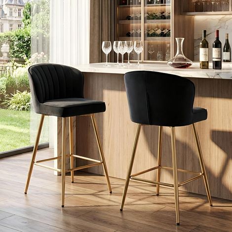 Barhocker 2er Set Samt mit Rückenlehne und goldenen Metallbeinen Schwarz (1/5)