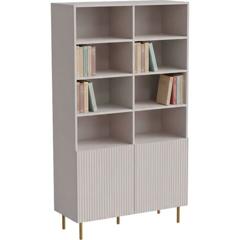 Librería Estarreja, estantería con compartimentos abiertos y dos puertas, elevada del suelo, 100x42 h177 cm, beige