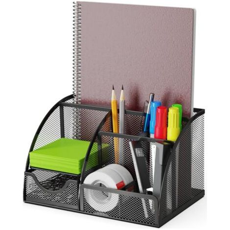 Organisateur de bureau et porte-stylos avec tiroir et 6 compartiments en maille métallique noire. Organisateur de bureau économiseur d'espace pour crayons, notes adhésives, trombones et agrafeuses