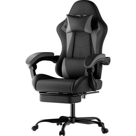 Chaise de jeu ergonomique avec appui-tête et support lombaire, dossier réglable, hauteur ajustable, couleur noir et gris (1/5)
