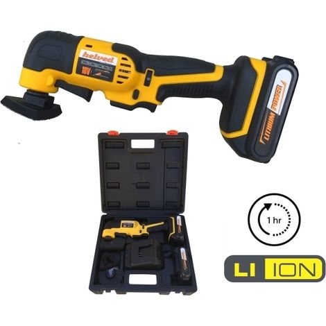 Utensile multiuso/multifunzione/Mini Smerigliatrice/Levigatrice triangolare c/batteria di riserva Li-ion 2.0Ah con accessori Helved