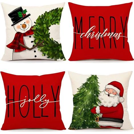 Housses de coussin rouges de Noël 45x45 cm, lot de 4, décorations de Noël style ferme, bonhomme de neige, couronne, Père Noël, sapin, joyeux Noël, houx, décorations hivernales, jeté de coussin pour ca (1/5)