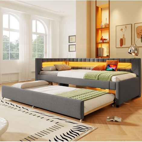 Letto estraibile 90x200 cm in tessuto grigio con LED, salvaspazio, senza materasso FloraGrace (1/5)