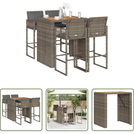 vidaXL Barhocker - 5-tlg. Gartenbar-Set mit Kissen Grau Poly Rattan Akazie (1/5)