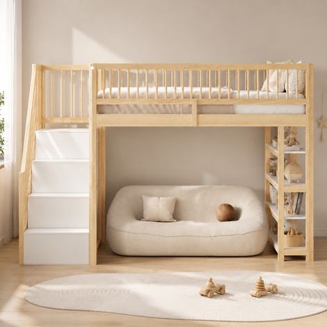 Letto a soppalco 90 x 200 cm con armadio, scaffali e scala di sicurezza, legno naturale (1/5)