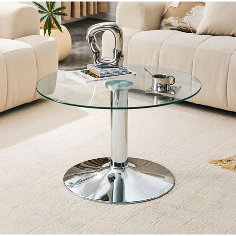 Table basse ronde en verre trempé 70 x 45 cm, structure en métal argenté HAVRYA (1/5)