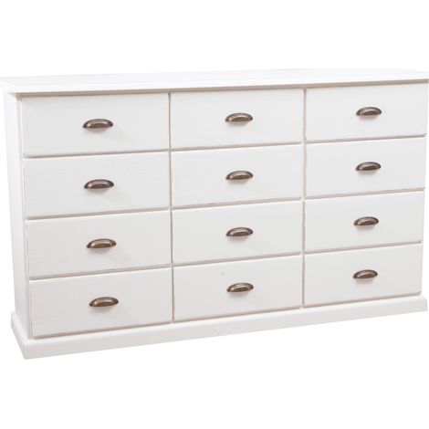 Cassettiera Legno massello Tiglio Bianca Anticata 170x40x100 cm Cassettiera shabby chic Credenza vintage Cassettiera 12 cassetti (1/5)