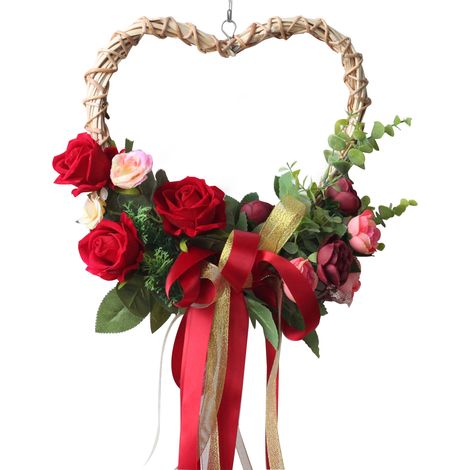 Couronne de fleurs artificielles en soie en forme de cœur, roses, décoration murale ou de porte pour la Saint-Valentin (1/4)