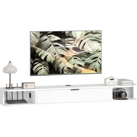 Meuble TV Suspendu Blanc 140 cm, Écran 60 Pouces, 2 Étagères (1/5)