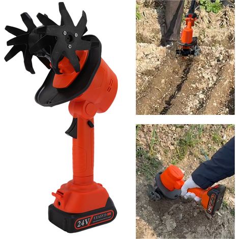 Motobineuse Electrique, 21V Motoculteur sans Fil avec 1 Batteries 3000mAh et 4 Lames Métalliques 10cm Largeur de Travail 10cm Profondeur de Travail 235 TR/Min Vitesse