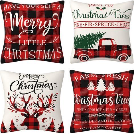 Oreiller,Lot de 4 housses de coussin de Noël de 45 x 45cm, décoration de Noël rustique pour la maison, motif écossais de buffle, arbre et cerf, camion rustique, pour les vacances d'hiver (1/4)