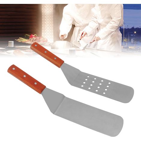 Spatule teppanyaki en acier inoxydable avec tête ronde et longue spatule à frire + longue spatule ajourée à tête ronde (1/5)