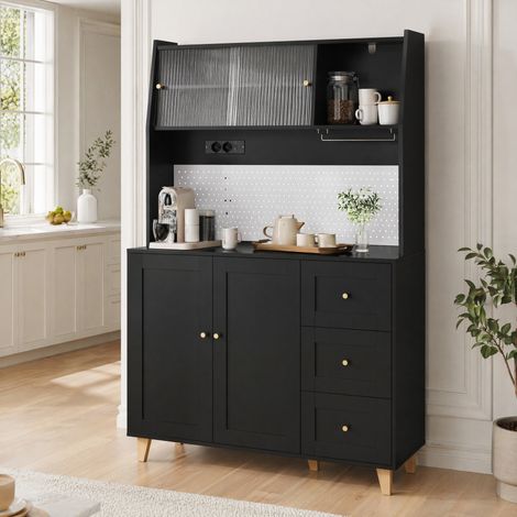 Credenza alta da cucina nera con prese, pannello forato, porta bicchieri e cassetti, OKWISH (1/5)