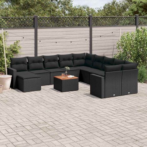 Salon de jardin modulable 12 pcs en résine tressée noire avec plateau en acacia et coussins - PANGIVO (1/3)