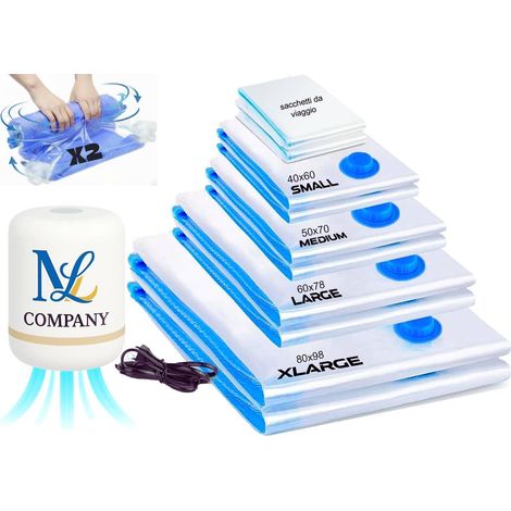 Sacs sous vide pour vêtements avec pompe électrique - lot de 10 (XL, L, M, S, Voyage) - Gain de place pour placard, valise, couvertures, draps, coussins, peluche - s et résistants (1/5)