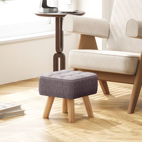 Ottomanischer Fußhocker, gepolsterter Stoffsitz mit Holzbeinen, 27 x 27 x 26 cm, grau