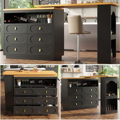 Buffet et enfilade-Bar extensible-138 à 203 cm-Rotation 360°-Rangement-Tiroirs-Roulettes-Noir (1/5)