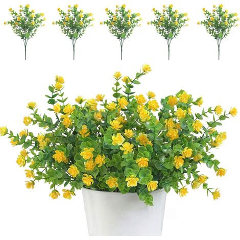 Pack of 5 Artificial Flowers, UV Resistant Greenery Plants for Outdoor, Indoor, Balcony, Garden, Office, Wedding, Party Decor (Yellow) (1/5)