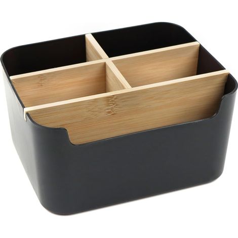 1 Organiseur de Bureau, Compartiments Amovibles, Bambou et PP, Rangement Stylos, Notes, Noir (1/5)
