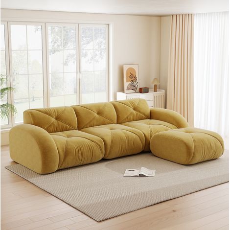 Sofá modular en L 281x171x76 cm amarillo de chenilla con puf, sin montaje (1/5)