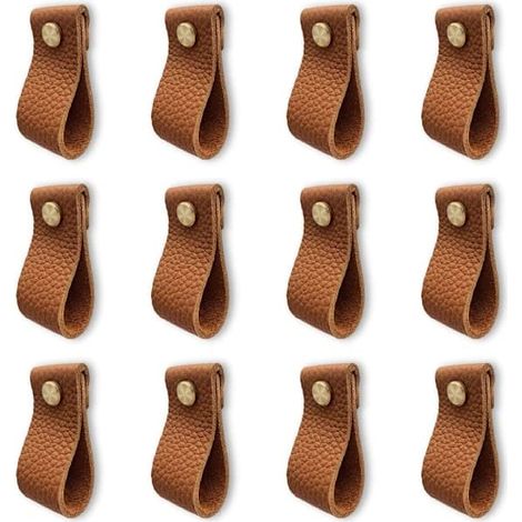 Ensemble de 12 poignées de meubles en cuir marron, poignées de porte de cuisine, poignées de porte avec vis et écrous, poignées anti-collision pour armoires (1/4)