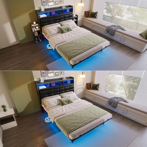 Lit double 140x190 sommier lattes tête rangement LED USB gris (1/5)
