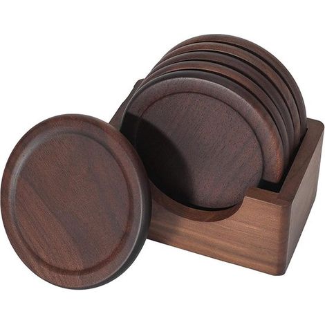 Lot de 5 sous-verres en bois - Socle inclus - Bois de noyer - Brun foncé - Accessoires de salle à manger - Décoration de table (1/5)
