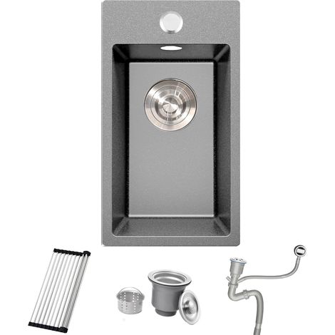 Evier Cuisine en Granit Gris 28x50cm, Lavabo 1 bac, Évier à Encastrer 30cm, avec Bonde et Kit de Trop-Plein, Grille Enroulable et Siphon (1/5)