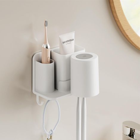 1 Support Brosse à Dents Mural, Auto-Adhésif, 1 Gobelet, 1 Boîte Détachable, Salle De Bains (1/5)