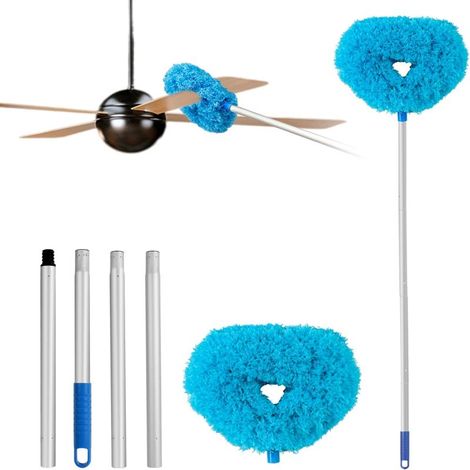Cepillo de limpieza reutilizable de microfibra azul para ventiladores de techo (varilla de conexión de 1,4 m de largo con extensión ajustable, desmontable, apto para limpiar paredes y estantes).