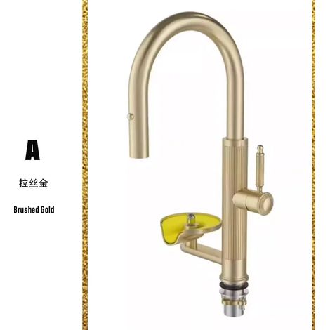 (Or brossé A) Robinet d'évier de cuisine moderne avec rondelle en forme de coupe et noyau de valve en céramique. (1/5)