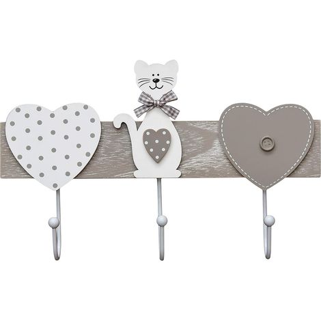 Porte Manteau Mural en Bois, Patere Murale avec 3 Crochets, Mignon Chat Thème Maison Chambre Entrée Décoration, Idées Cadeau pour Amoureux des Chats, Gris 35 x 19cm (1/5)