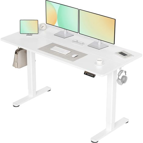 Bureau réglable en hauteur électrique 140x60 cm blanc, plateau et piètement blanc (1/5)