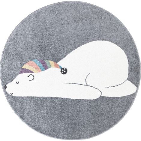 Tapis Rond pour chambre d'enfant Gris Motif Ours Blanc 160x160cm