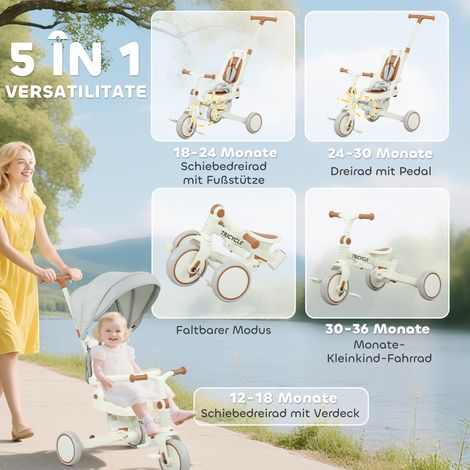 Tricycle bébé convertible en poussette, modèle 5 en 1, guidon poussoir amovible et ajustable, harnais de sécurité, coffre de rangement, 1-3 ans, blanc cassé