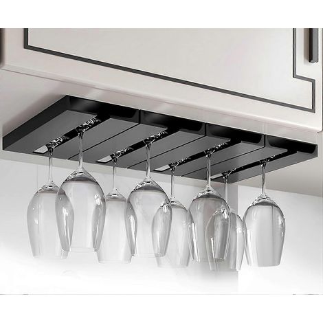 Porte-verres à vin, support pour verres à pied, à suspendre sous un meuble ou un comptoir, pour bar, cuisine et restaurant, lot de 4 (noir) (1/4)