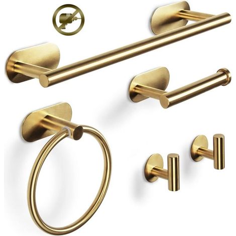 Handtuchstangen-Set, 5-teilig, Badezimmer-Handtuchstange, Handtuchhalter, Handtuchring, Haken, Set aus Edelstahl 304, kein Bohren erforderlich (Gold) (1/5)