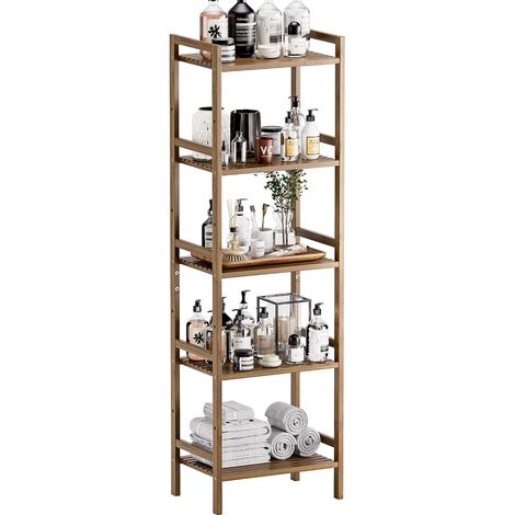Etagere 5 Niveaux, Bibliotheque Salle de Bain Rangement Bambou avec Étagères Réglables, Support de Plantes Gain de Place, pour Salon, Balcon, Cuisine, Noyer (1/5)